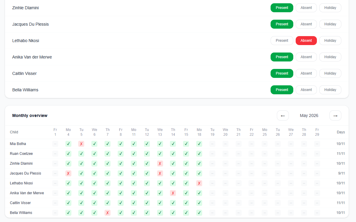 A monthly attendance register
