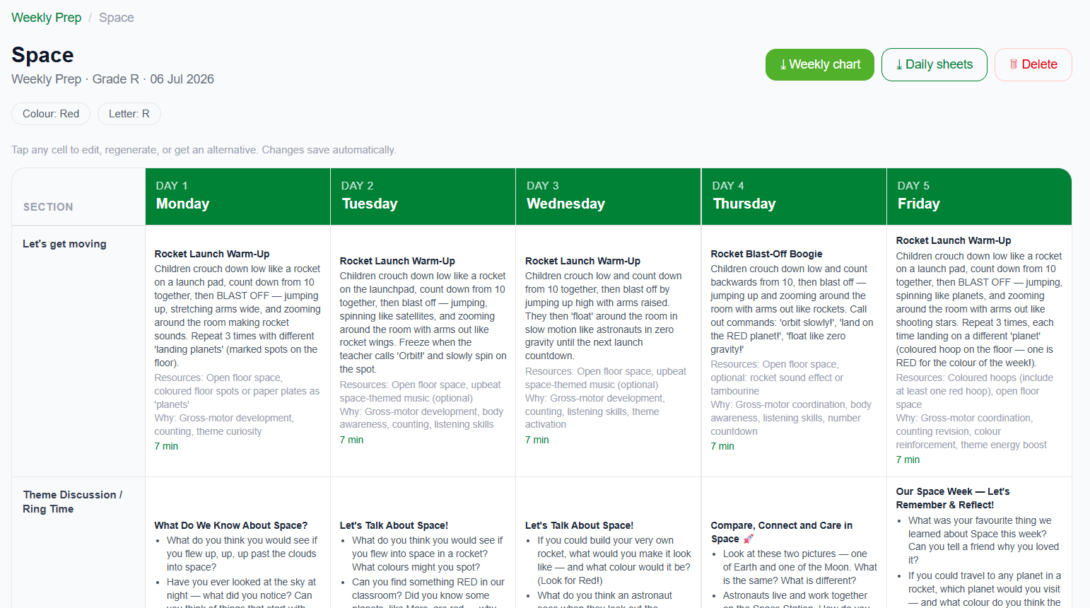 An AI-generated weekly theme plan